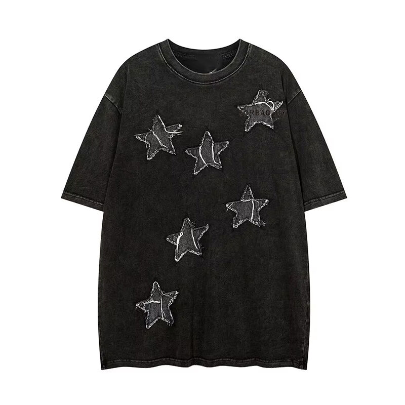 T-shirt col rond streetwear personnalisé de haute qualité avec patchs appliqués, broderie et lavage acide, style vintage