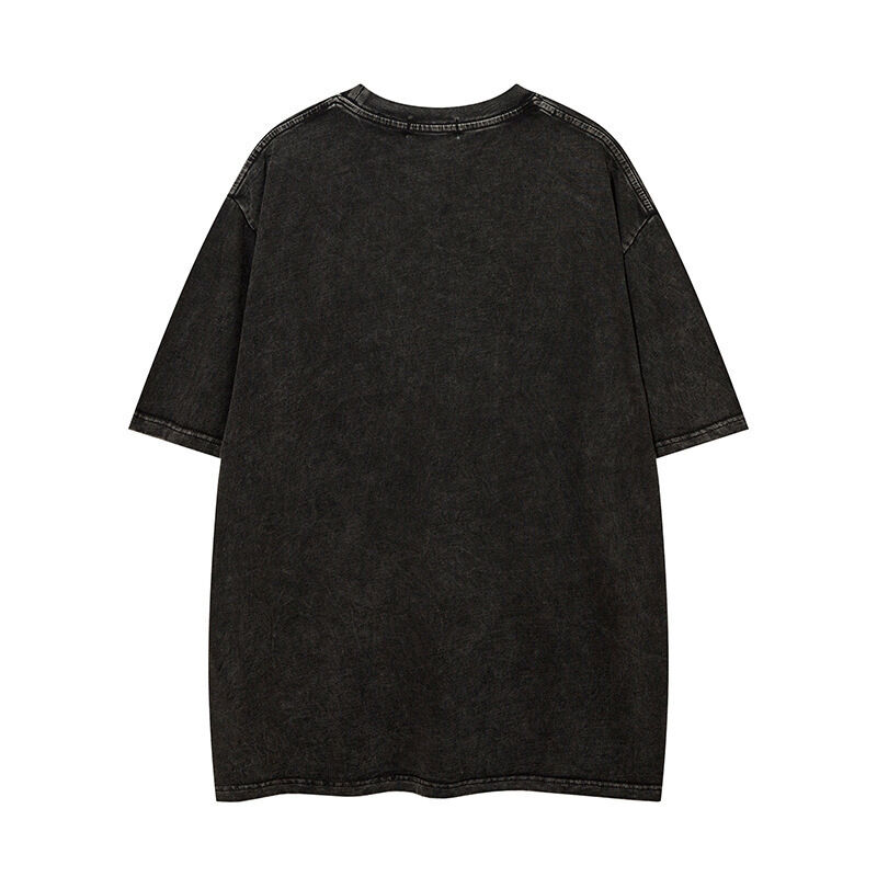 T-shirt col rond streetwear personnalisé de haute qualité avec patchs appliqués, broderie et lavage acide, style vintage