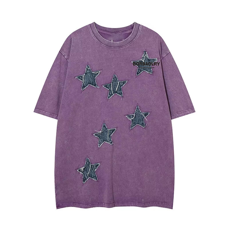 T-shirt col rond streetwear personnalisé de haute qualité avec patchs appliqués, broderie et lavage acide, style vintage