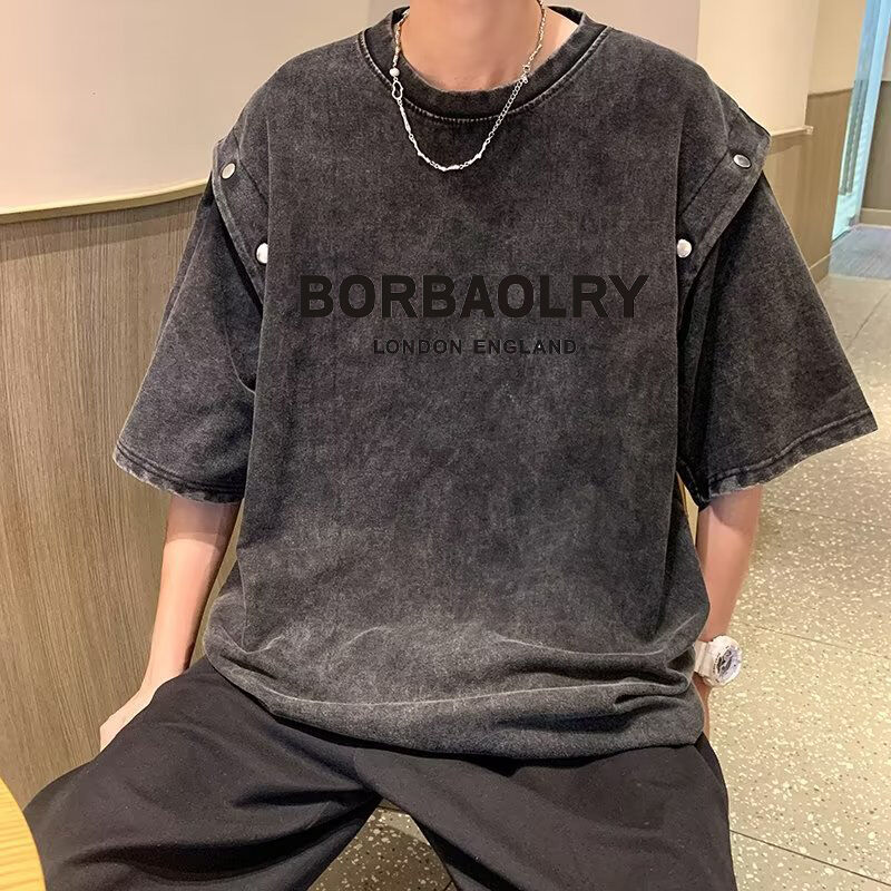 T-shirt vintage à manches courtes détachables pour hommes, coton épais ample, lavage acide, tendance estivale, t-shirts de marque