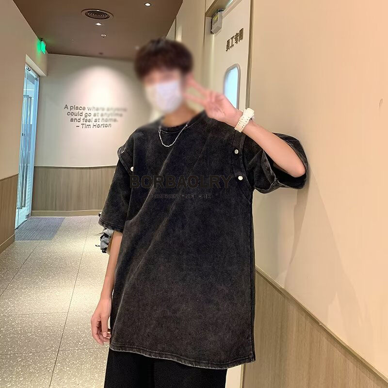 T-shirt vintage à manches courtes détachables pour hommes, coton épais ample, lavage acide, tendance estivale, t-shirts de marque