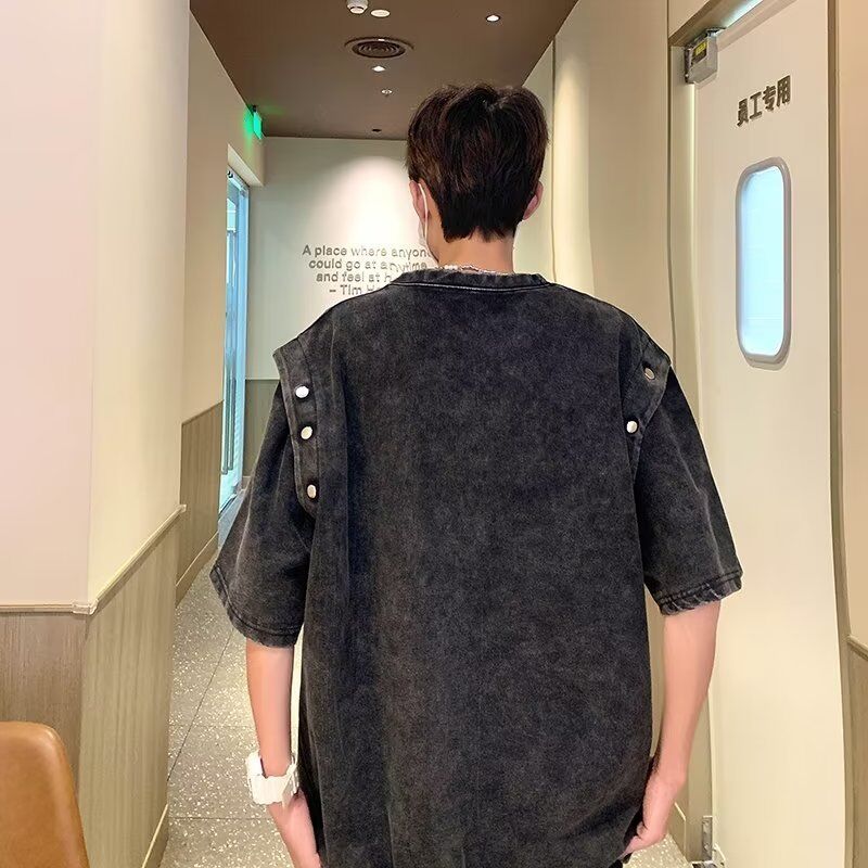 T-shirt vintage à manches courtes détachables pour hommes, coton épais ample, lavage acide, tendance estivale, t-shirts de marque