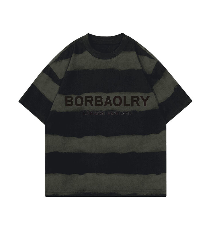 T-shirt en gros 220g coton mode décontracté top rayé cravaté artisanal épaules tombées col rond Manches courtes