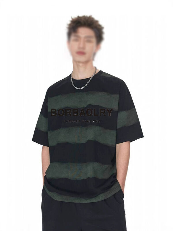 T-shirt en gros 220g coton mode décontracté top rayé cravaté artisanal épaules tombées col rond Manches courtes