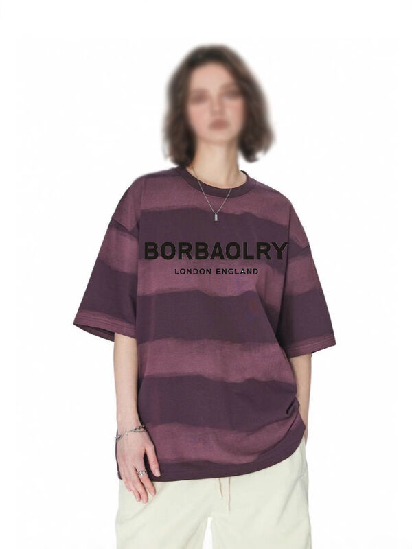 T-shirt en gros 220g coton mode décontracté top rayé cravaté artisanal épaules tombées col rond Manches courtes