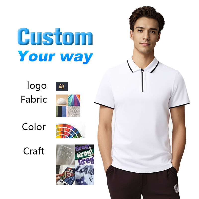 T-shirt de golf polo en coton pour hommes, style demi-zip personnalisé, faible MOQ, manches courtes, tissu tricoté respirant, motif de personnage